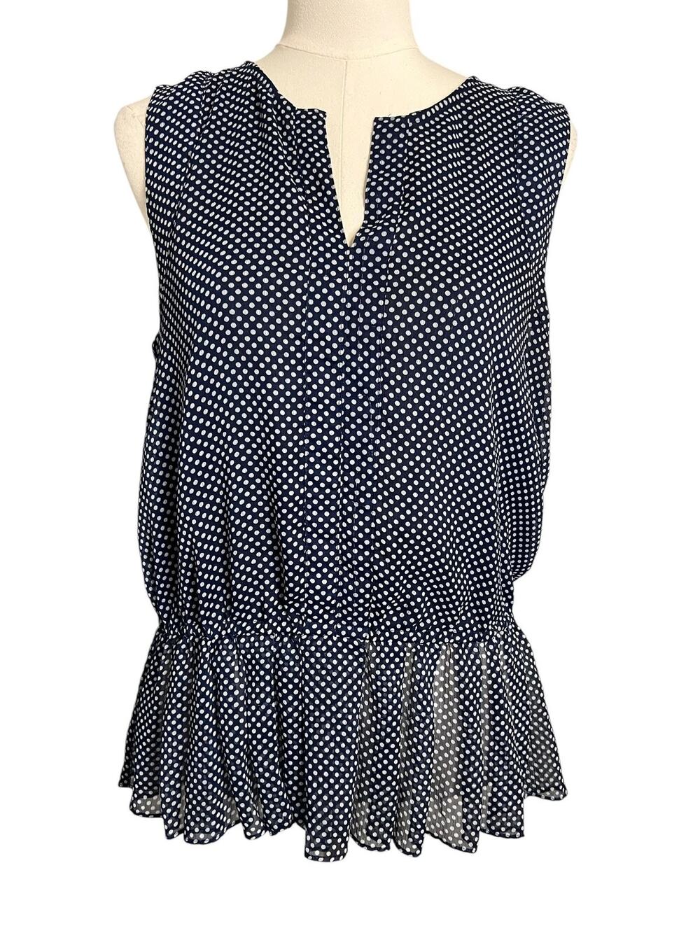 QMack Blouse Womens Large Blue Polka Dot Ruffle Peplum Sleeveless Sheer Top